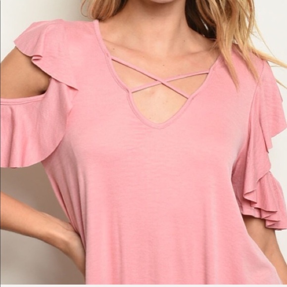 COLD SHOULDER RUFFLE SLEEVE LONGER STYLE TOP - Picture 4 of 4